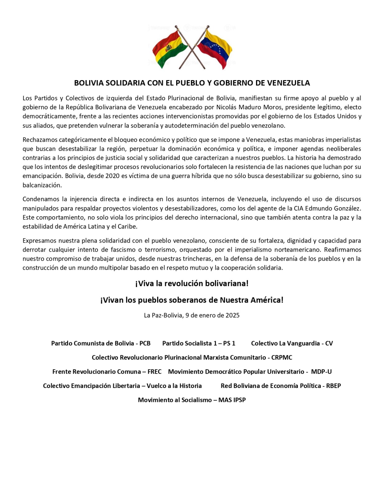 BOLIVIA SOLIDARIA CON EL PUEBLO Y GOBIERNO DE VENEZUELA